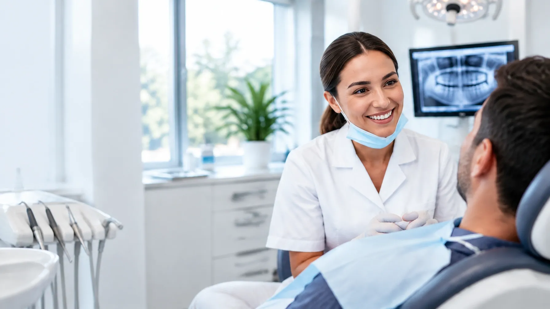 Dentist talking with a patient in a modern clinic